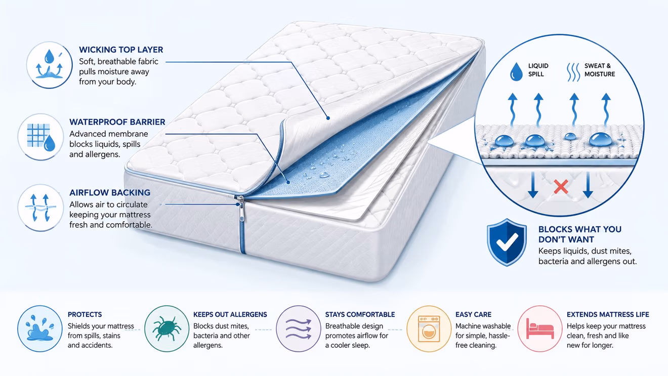 A diagram showcasing the three-layer construction of a waterproof mattress protector that blocks allergens, liquids, and bacteria.