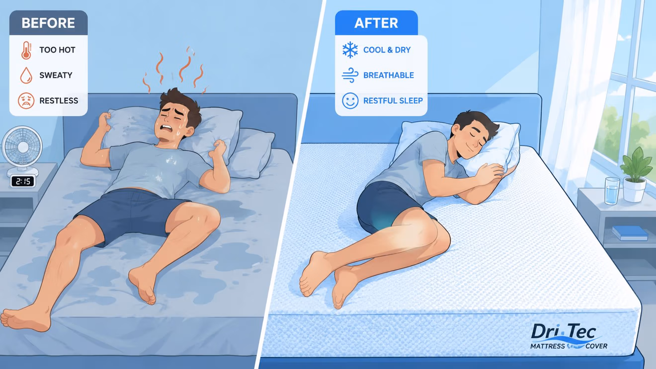 A comparison showing a person suffering from night sweats versus sleeping comfortably with a Dri-Tec mattress cover.