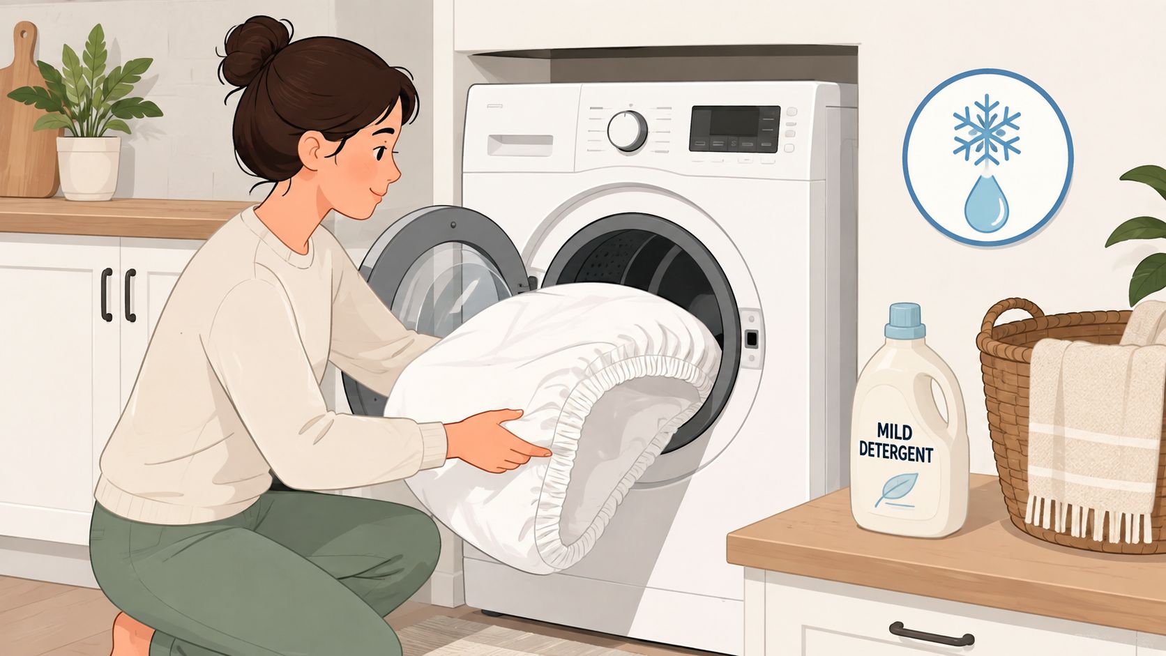 A woman putting a white Dri Tec mattress cover into a washing machine for cold water cleaning.