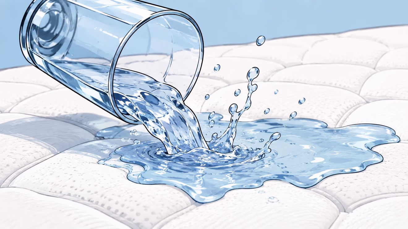 A glass of water pouring onto a white mattress cover to demonstrate liquid spill protection.