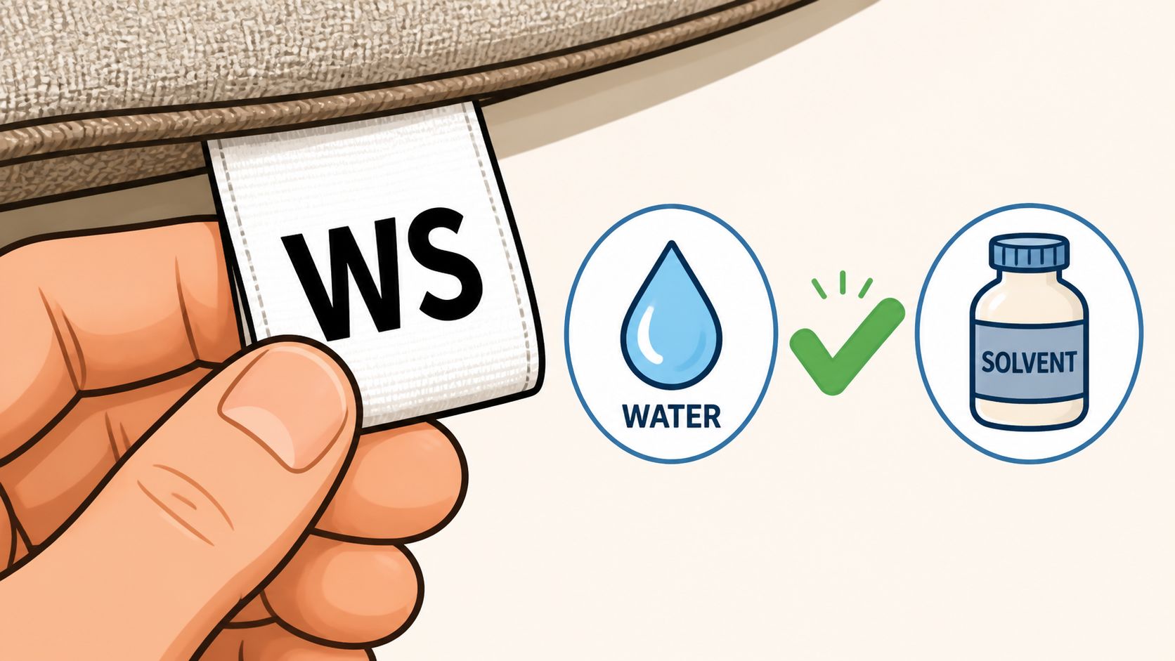 A hand holding a fabric tag marked WS, showing that both water-based and solvent cleaners are safe.