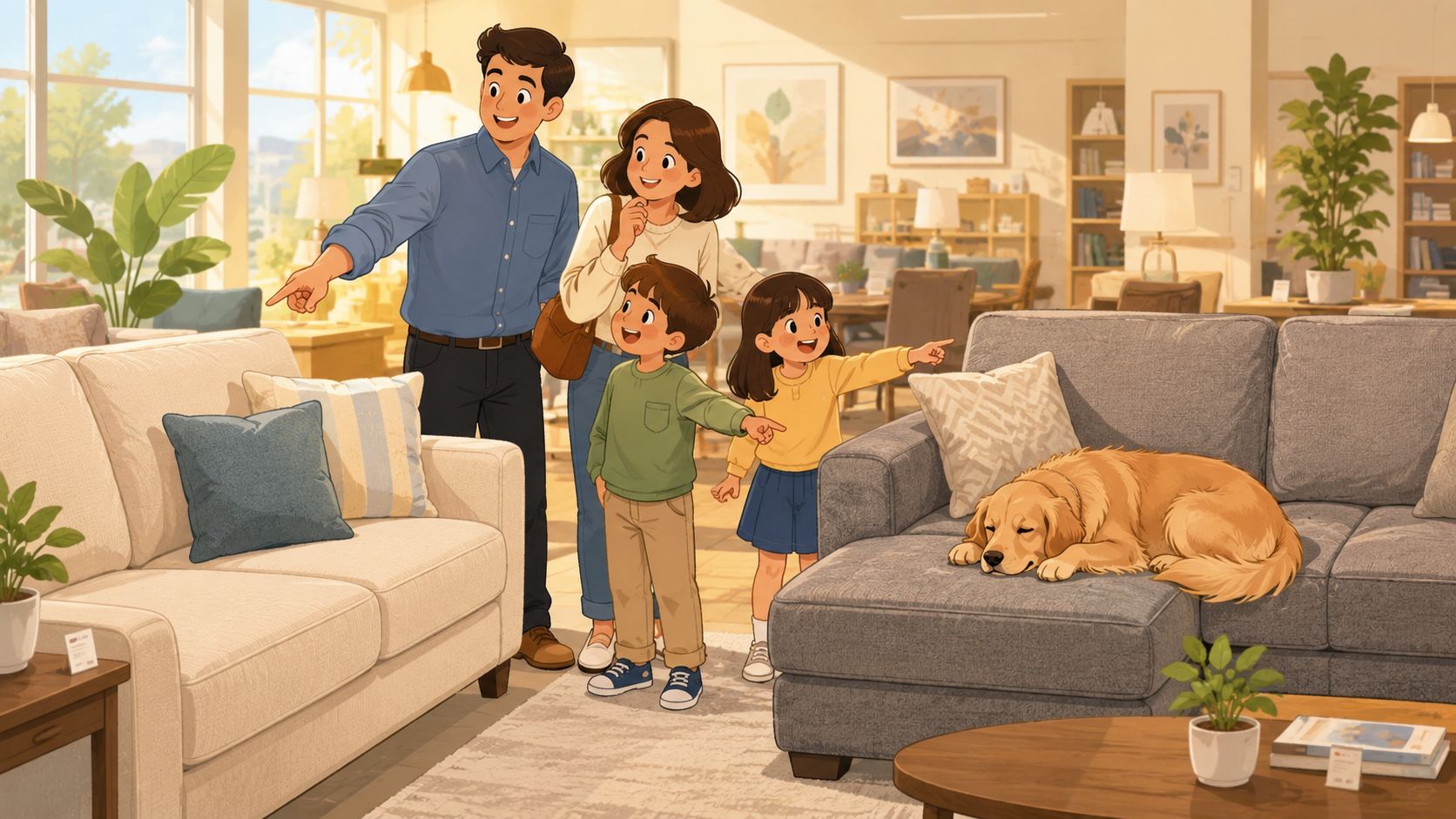A happy family choosing furniture in a showroom with a golden retriever sleeping on a grey sofa.