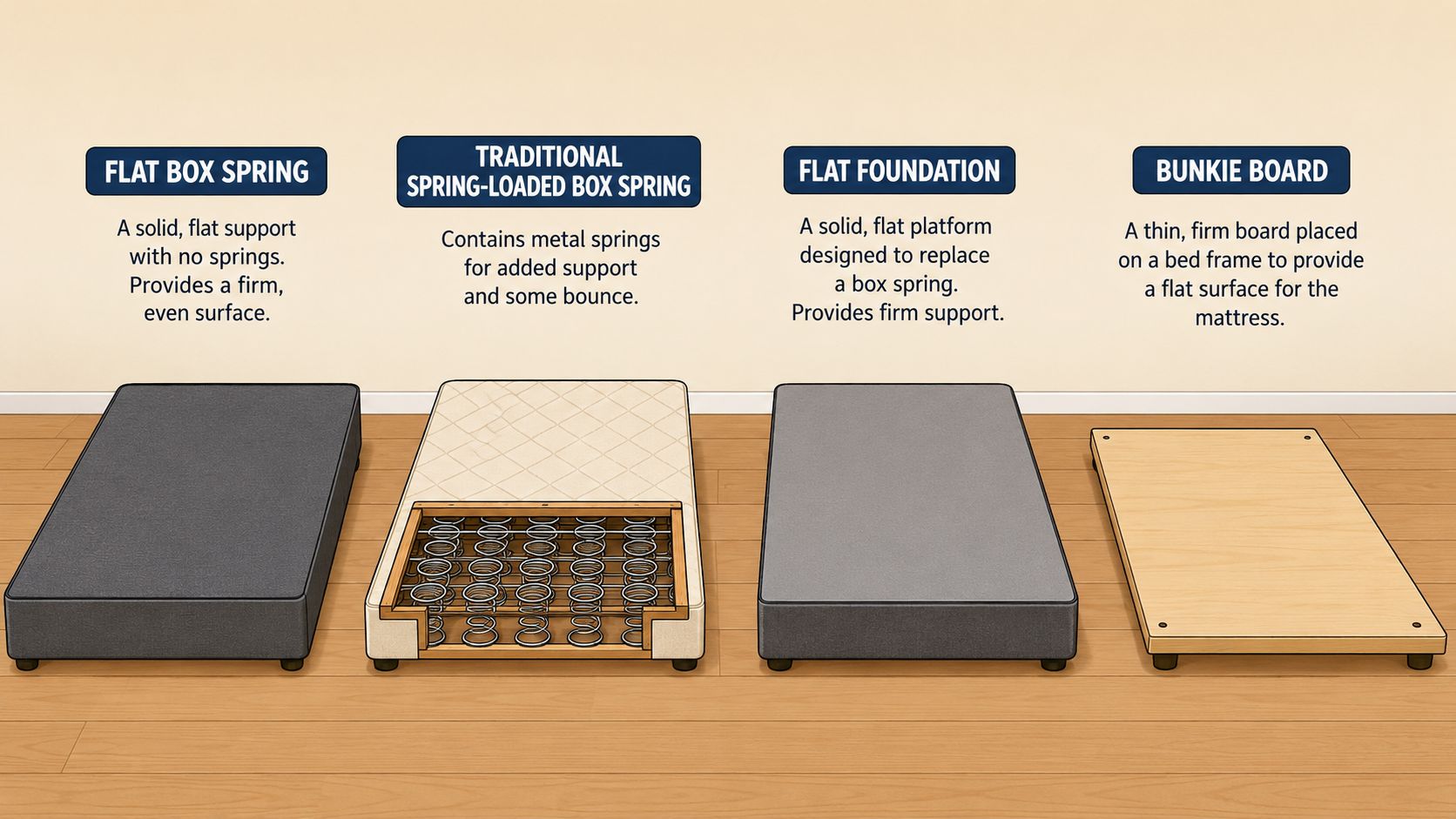 A diagram comparing four common bed support types: flat box spring, traditional spring-loaded box spring, flat foundation, and bunkie board.