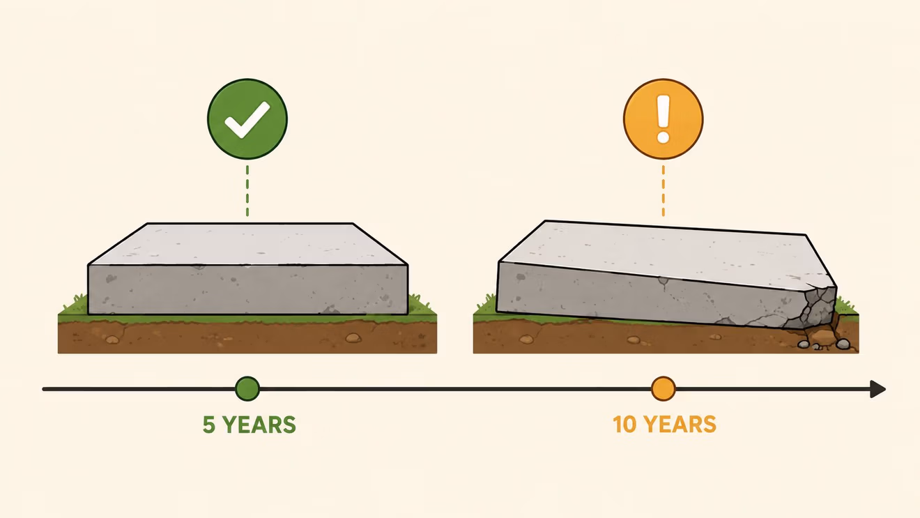 A diagram comparing a stable concrete slab after five years versus a tilted, damaged slab after ten years.