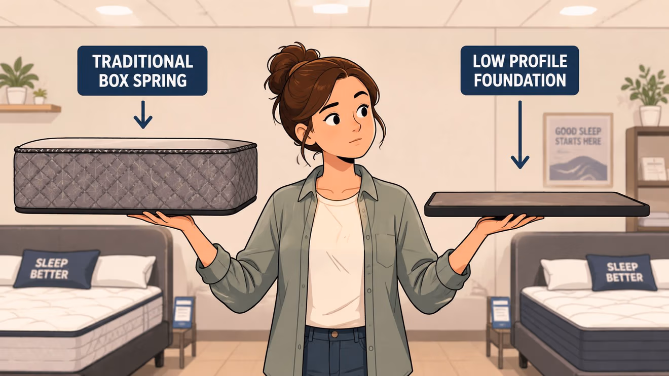 A woman stands in a store comparing a tall traditional box spring and a flat low profile foundation.