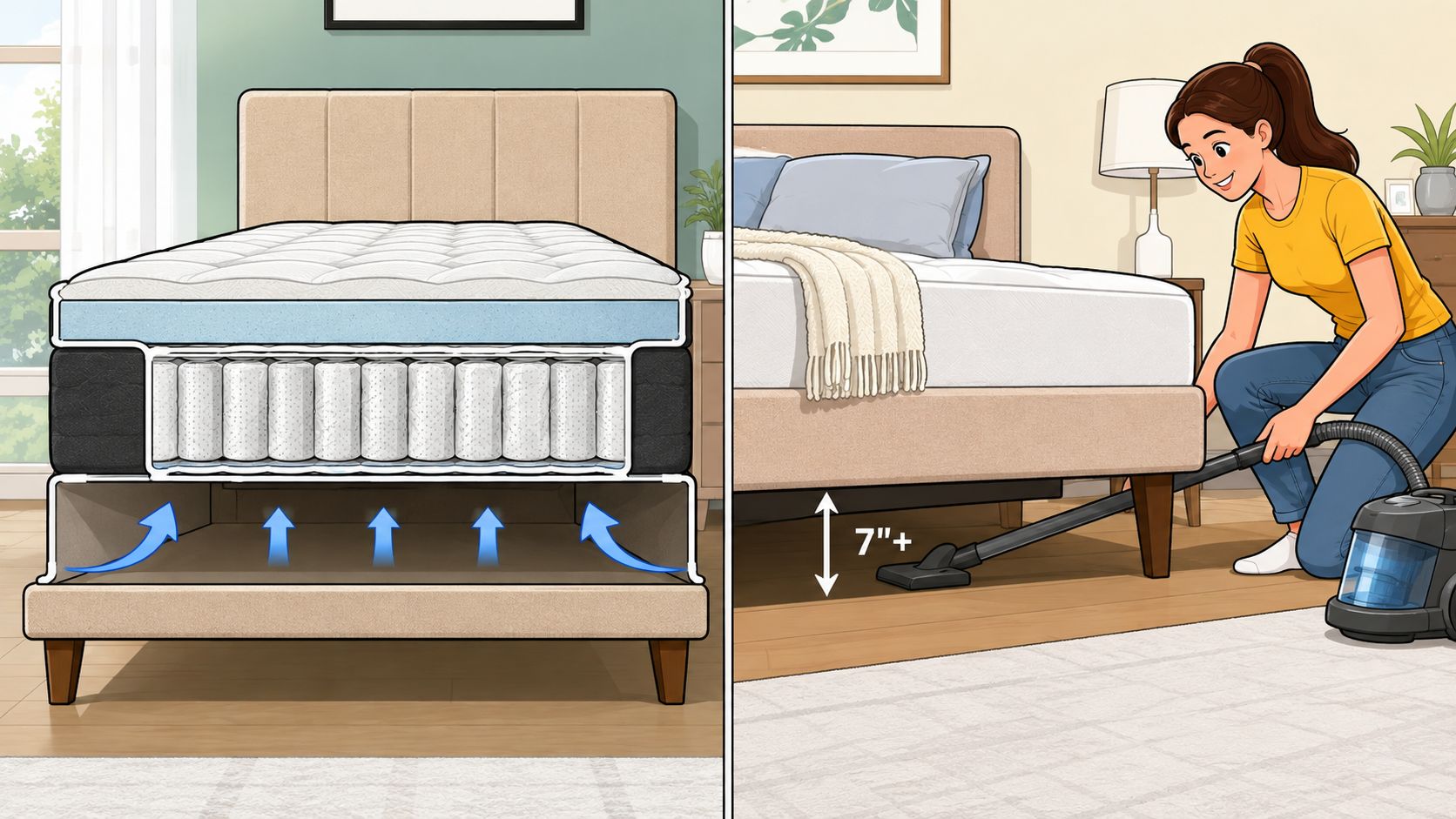 A cutaway view of a mattress and box spring with a woman vacuuming underneath the bed frame.