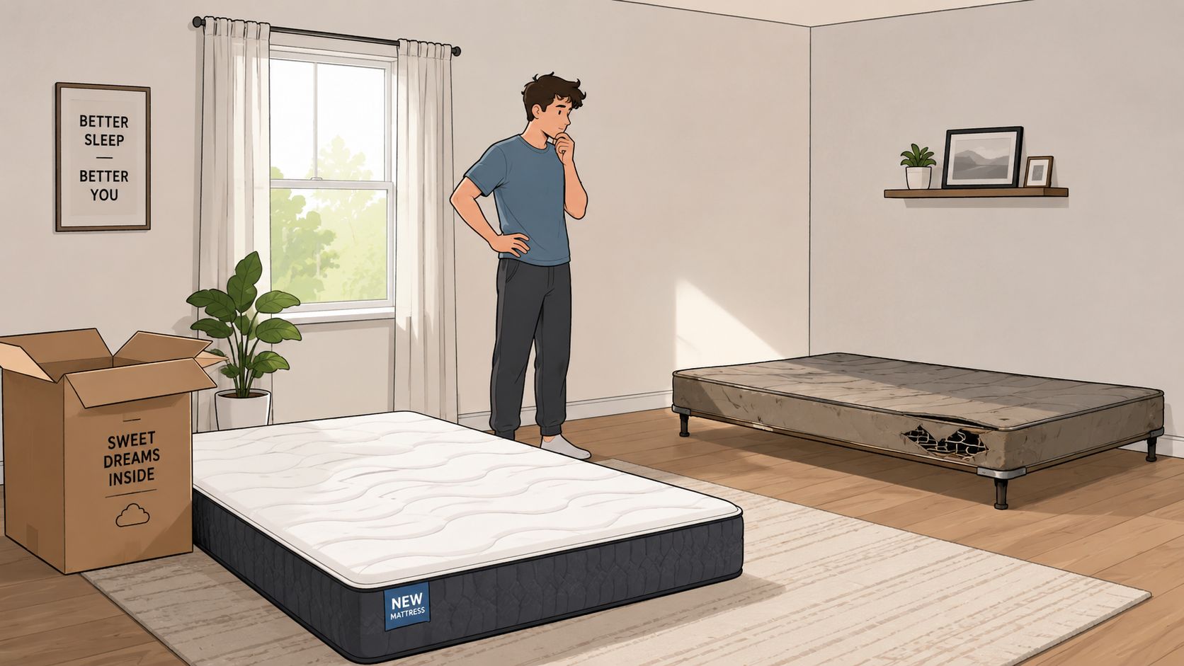A man looks thoughtfully at a worn-out box spring, preparing to replace it with a new mattress.