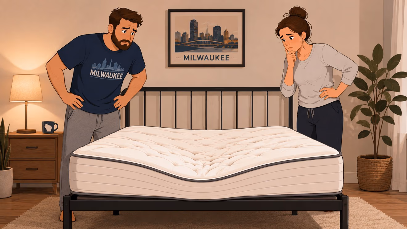 A concerned couple standing in a bedroom looking at a sagging mattress on a flat box spring frame.