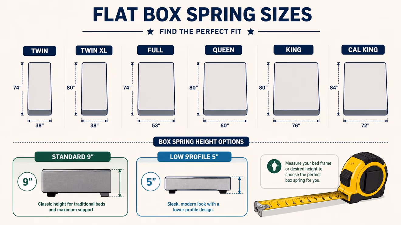 A size guide chart displaying dimensions and heights for different types of flat box springs.