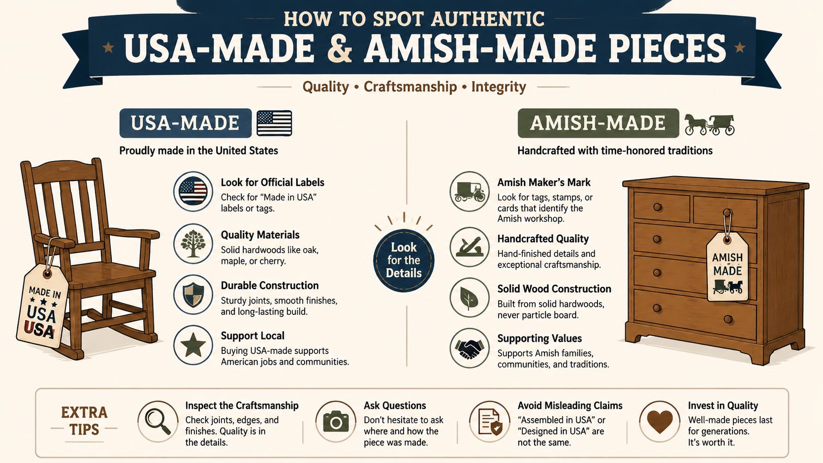 An infographic titled How to Spot Authentic USA-Made and Amish-Made Pieces, listing features to identify quality furniture.