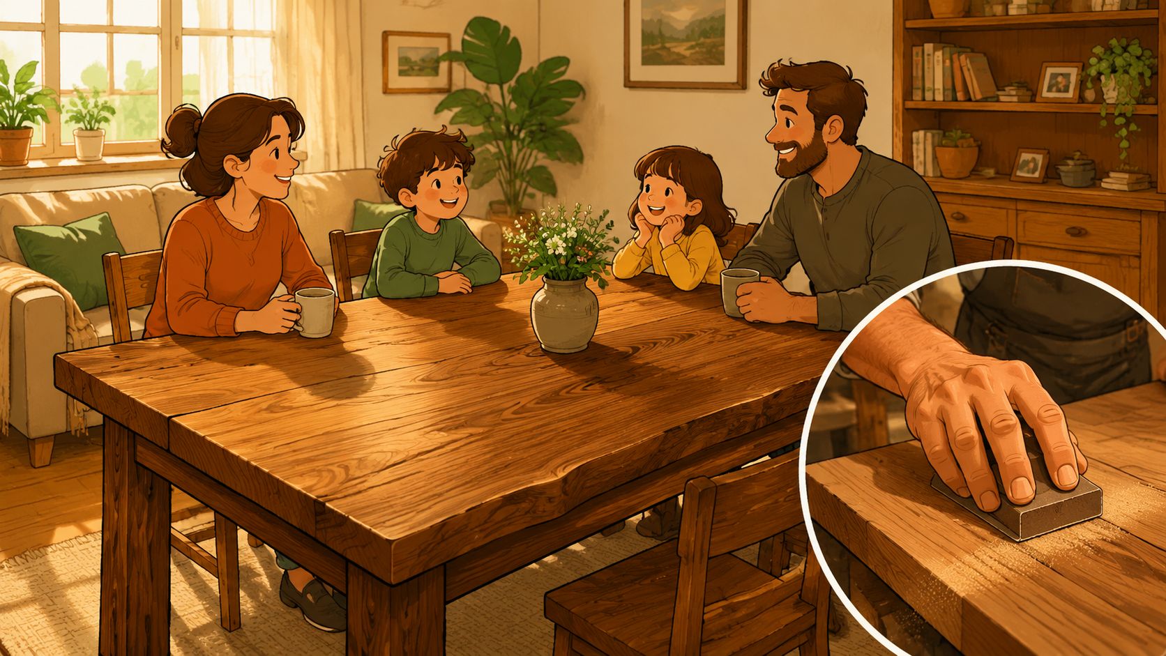 A happy family sitting around a handcrafted wooden dining table while the father sands the wood surface.