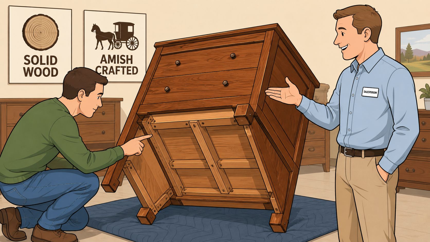 A furniture store salesman explains the quality of a wooden dresser to a customer crouched down looking underneath.
