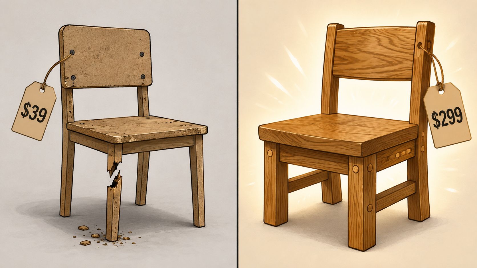 A comparison between a cheap, broken particle board chair and a high-quality solid wood handcrafted chair.