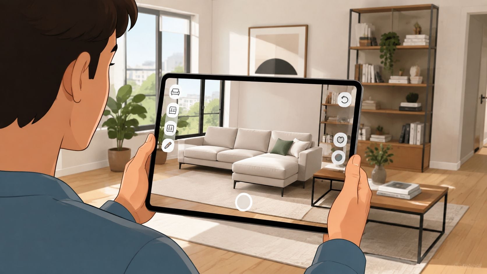 A person uses an augmented reality tablet to visualize a new couch in their living room layout.
