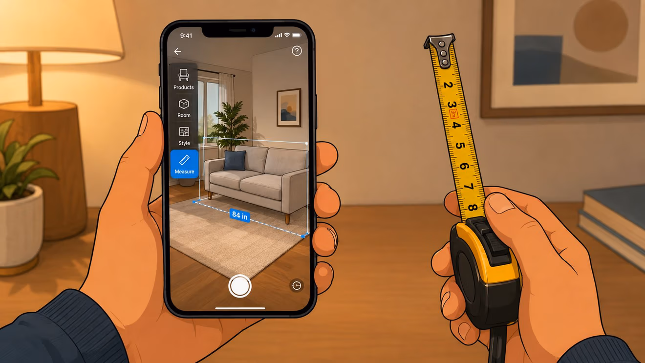 A person holding a smartphone showing an augmented reality furniture visualization app alongside a physical tape measure.