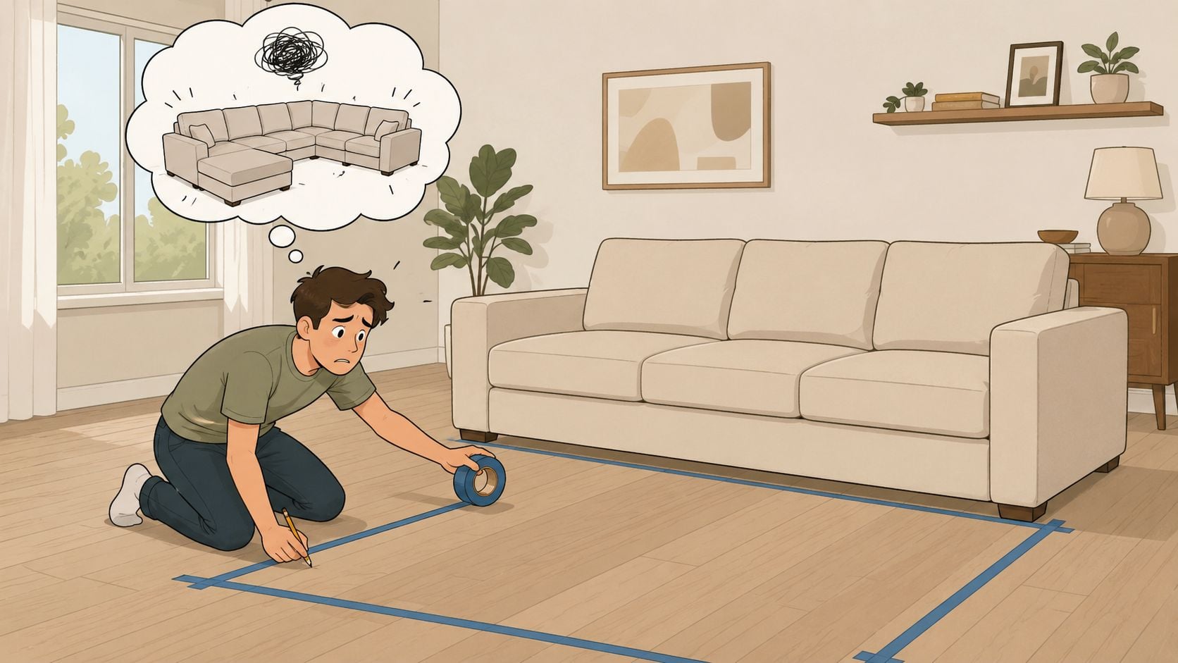 A man kneels on the floor using painter tape to outline the area for a potential sectional sofa.