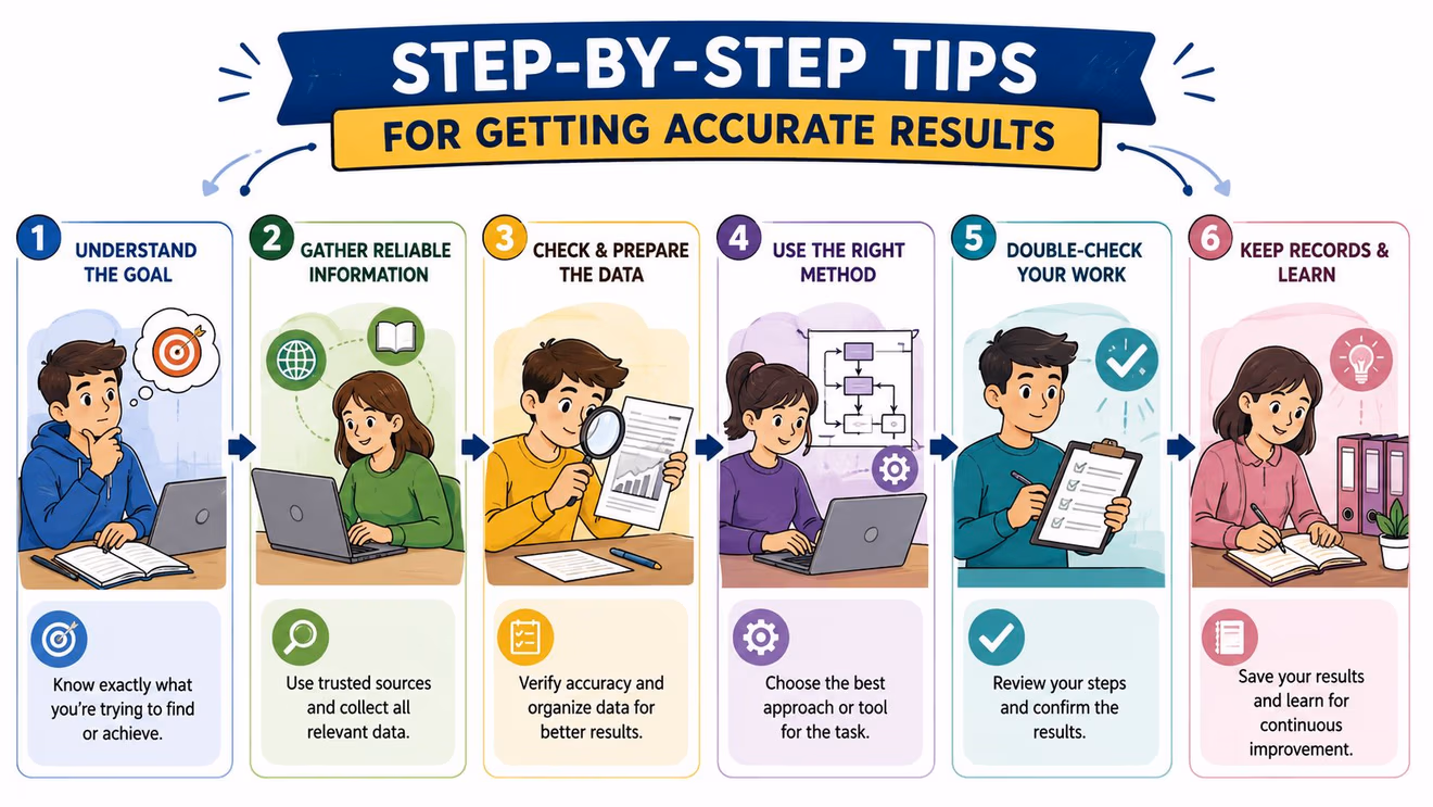 A six-step infographic illustrating a process for achieving accurate results through research, data preparation, and review.