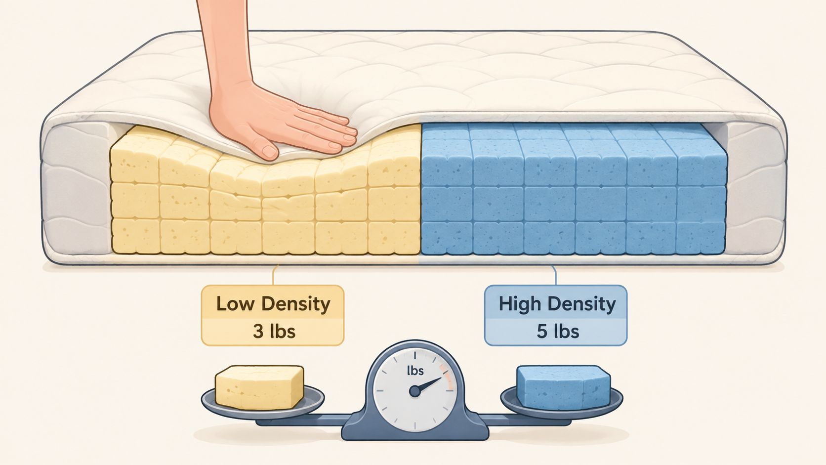 A diagram comparing low density and high density foam mattress materials with a scale illustration.