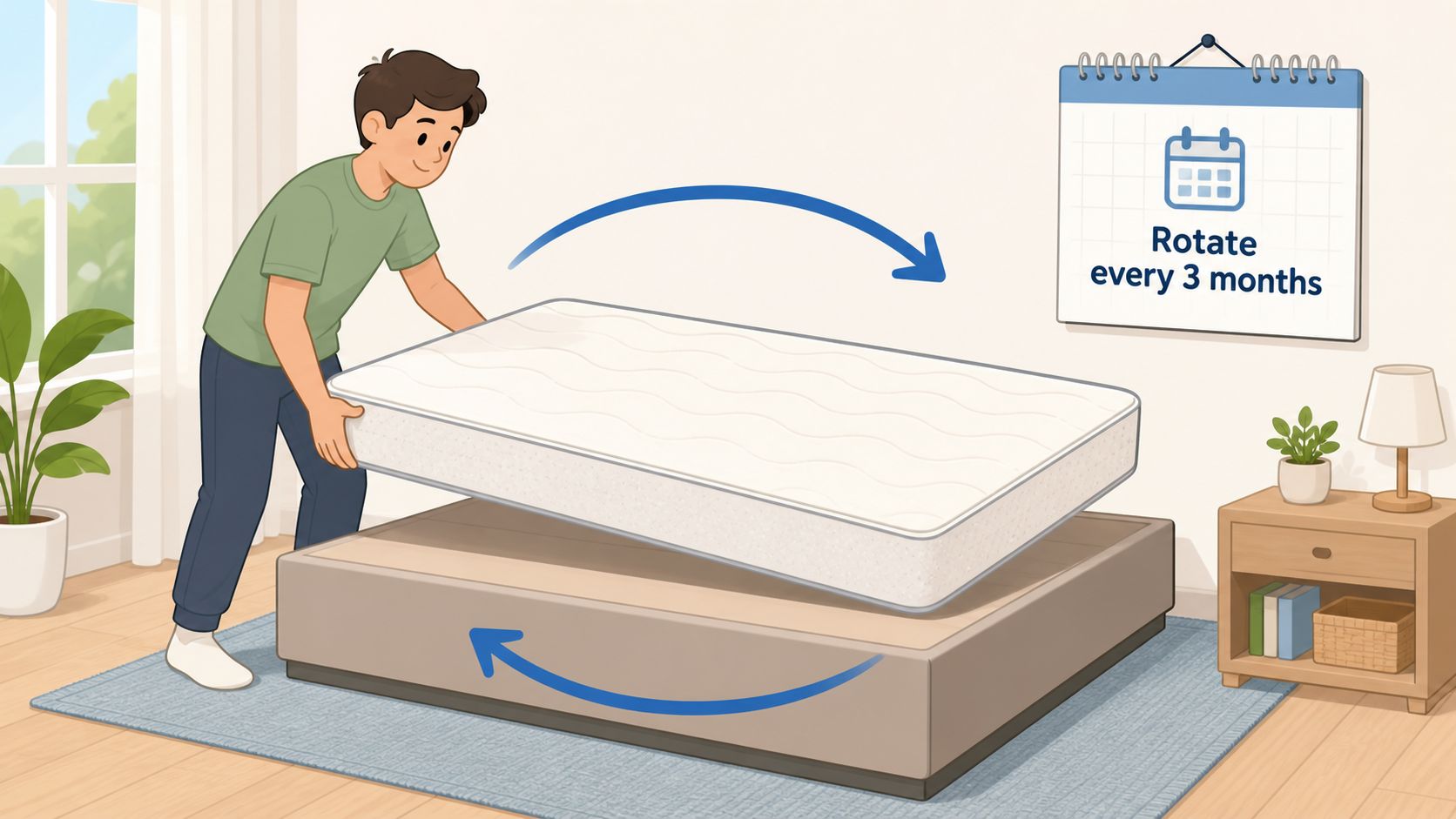 A person rotating a white mattress on a bed frame to maintain it every three months.
