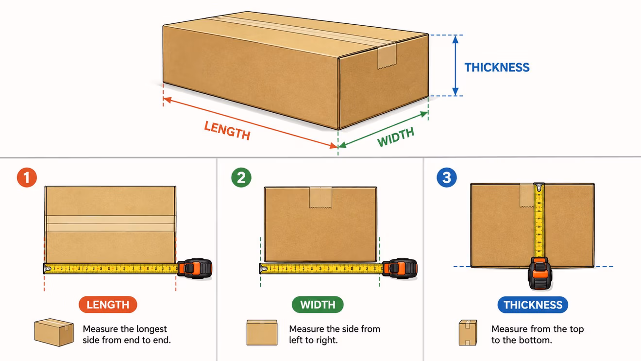 A step-by-step instructional graphic showing how to measure the length, width, and thickness of a cardboard box.