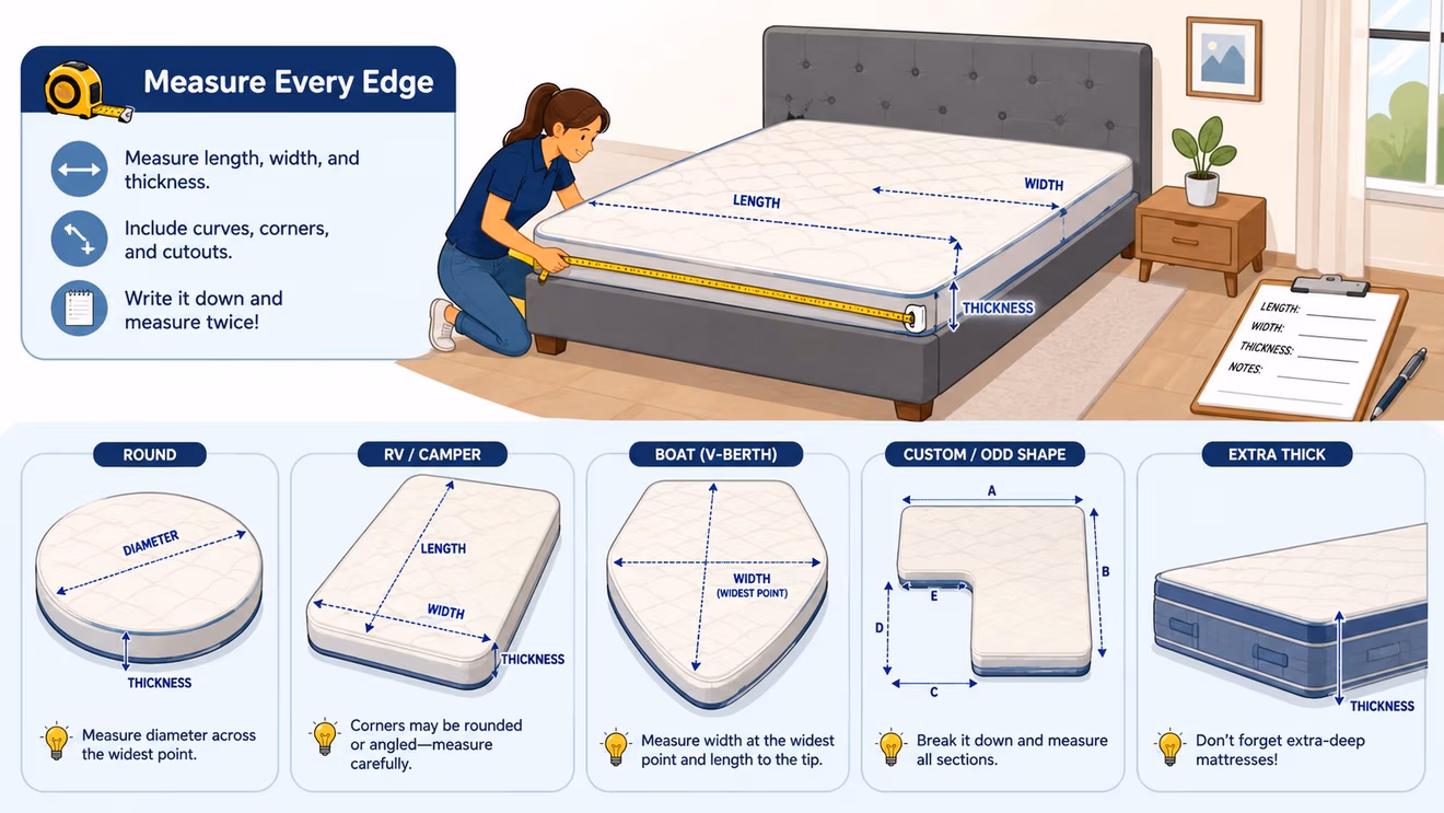 An illustration showing a woman measuring a mattress with tips for different bed shapes and sizes.