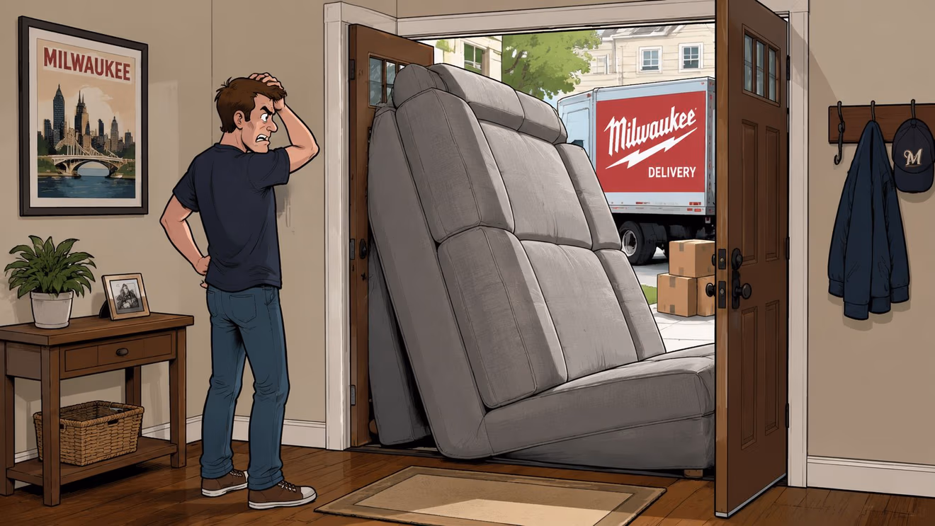A frustrated man standing in a doorway unable to fit a large oversized sofa into his house.