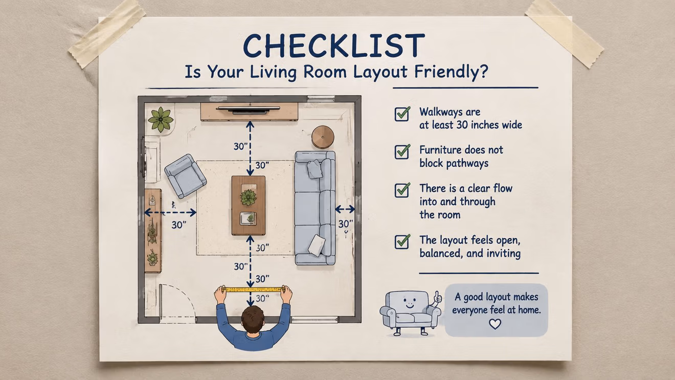 A checklist illustration showing a living room layout with measuring tape markings to ensure adequate walkway space.