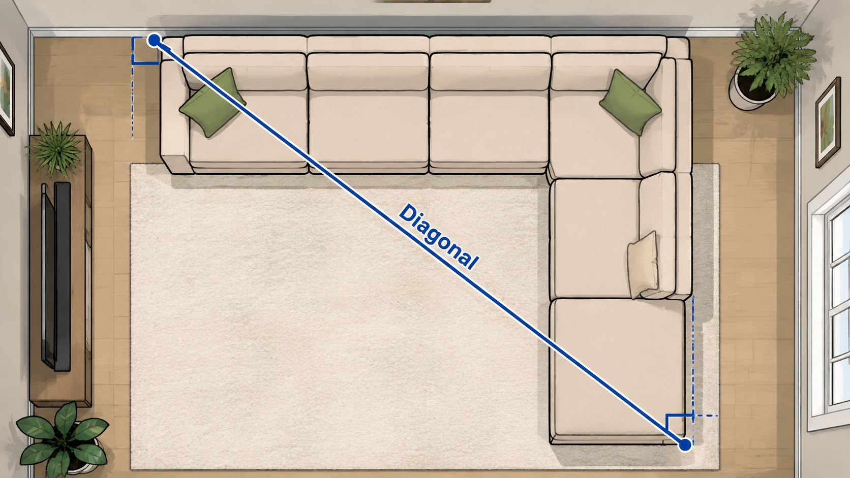 A top-down view of a sectional sofa with a blue line illustrating how to measure its diagonal length.