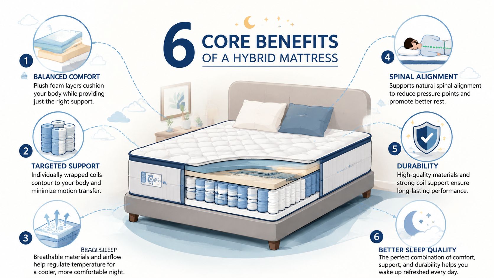 A diagram illustrating the six core benefits of a hybrid mattress featuring foam layers and coil springs.