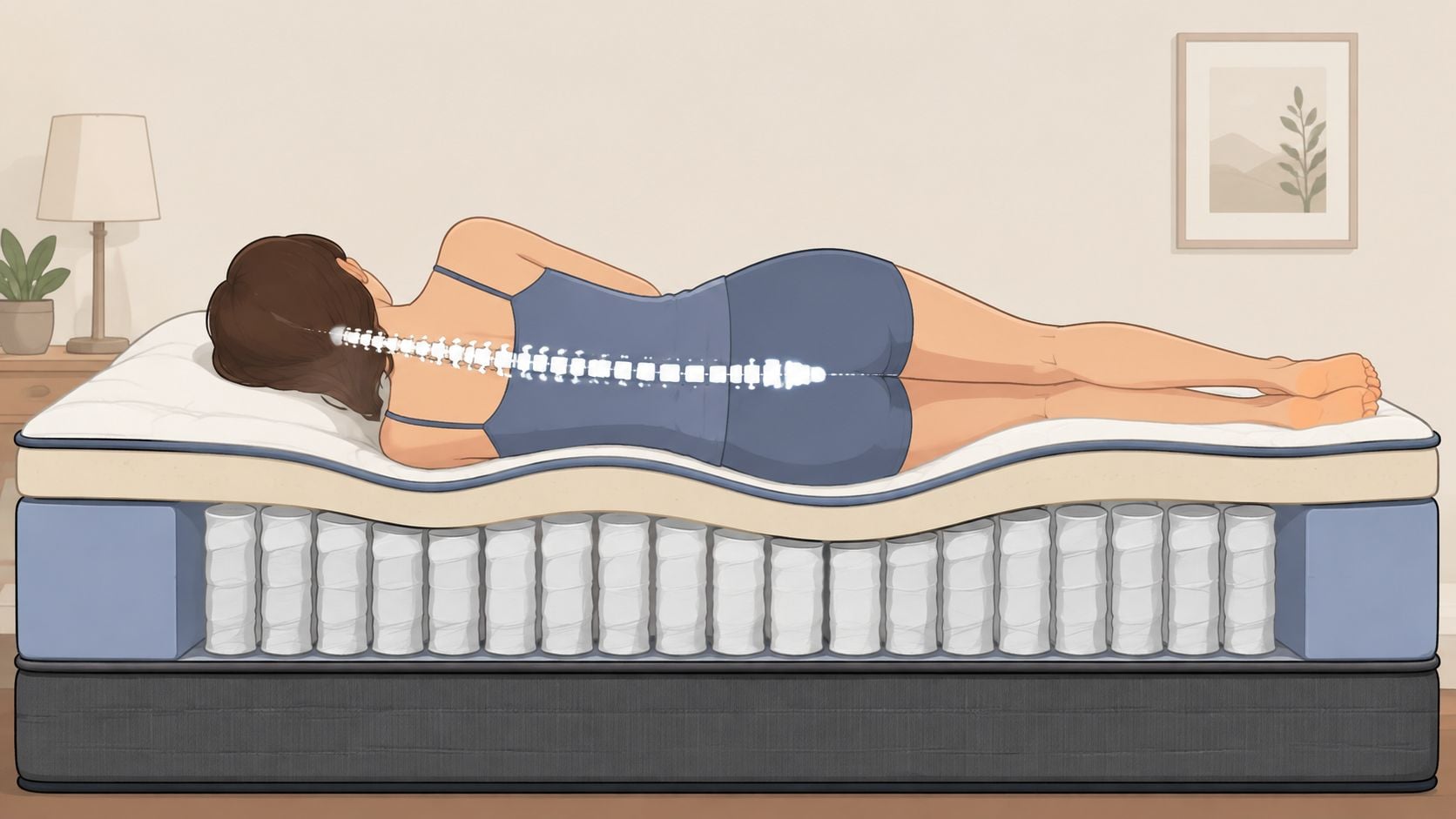 A cross-section diagram showing a person sleeping on a hybrid mattress with proper spinal alignment support.