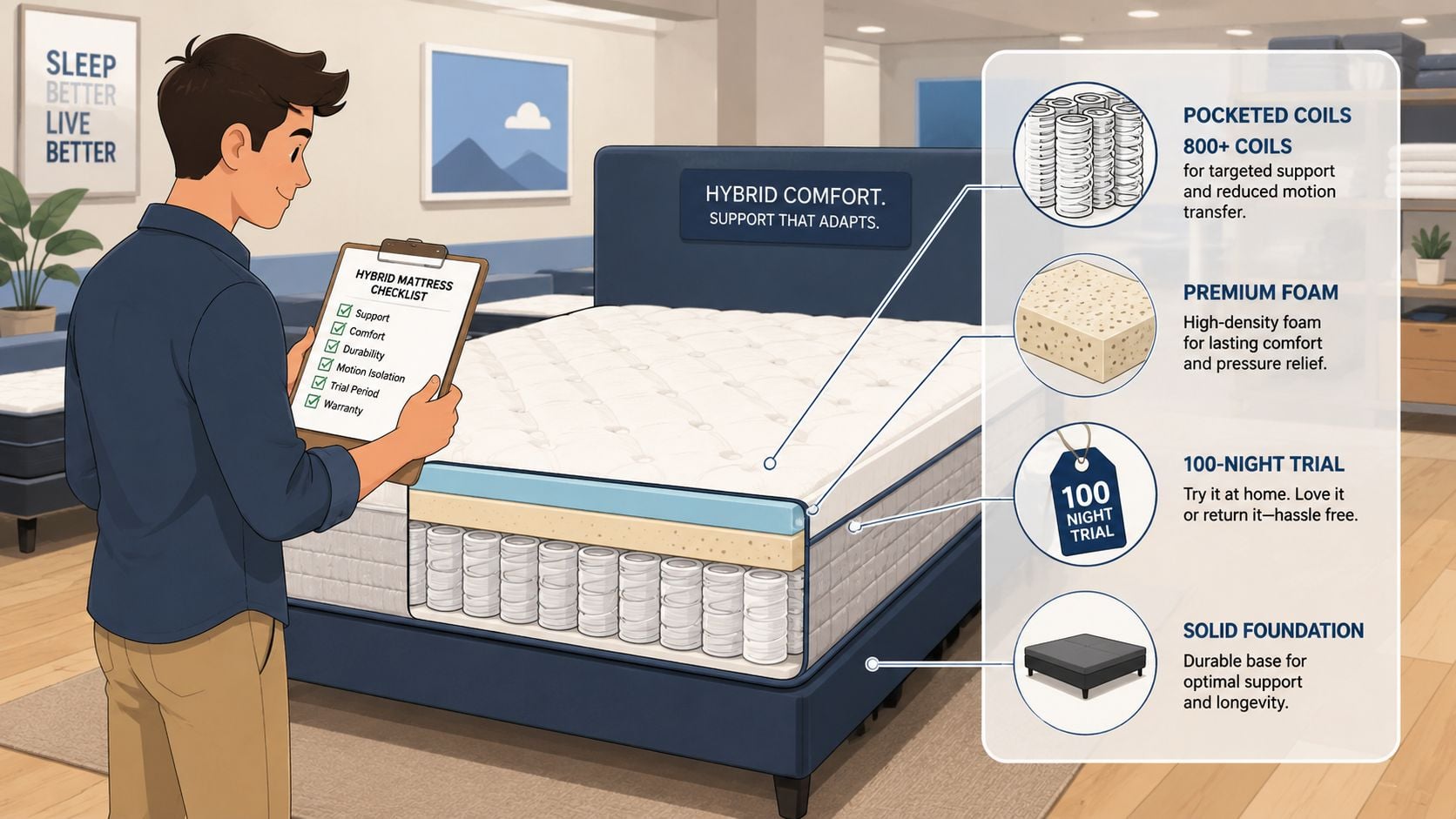 A man in a mattress store inspecting a hybrid mattress features checklist with cross-section layers shown.