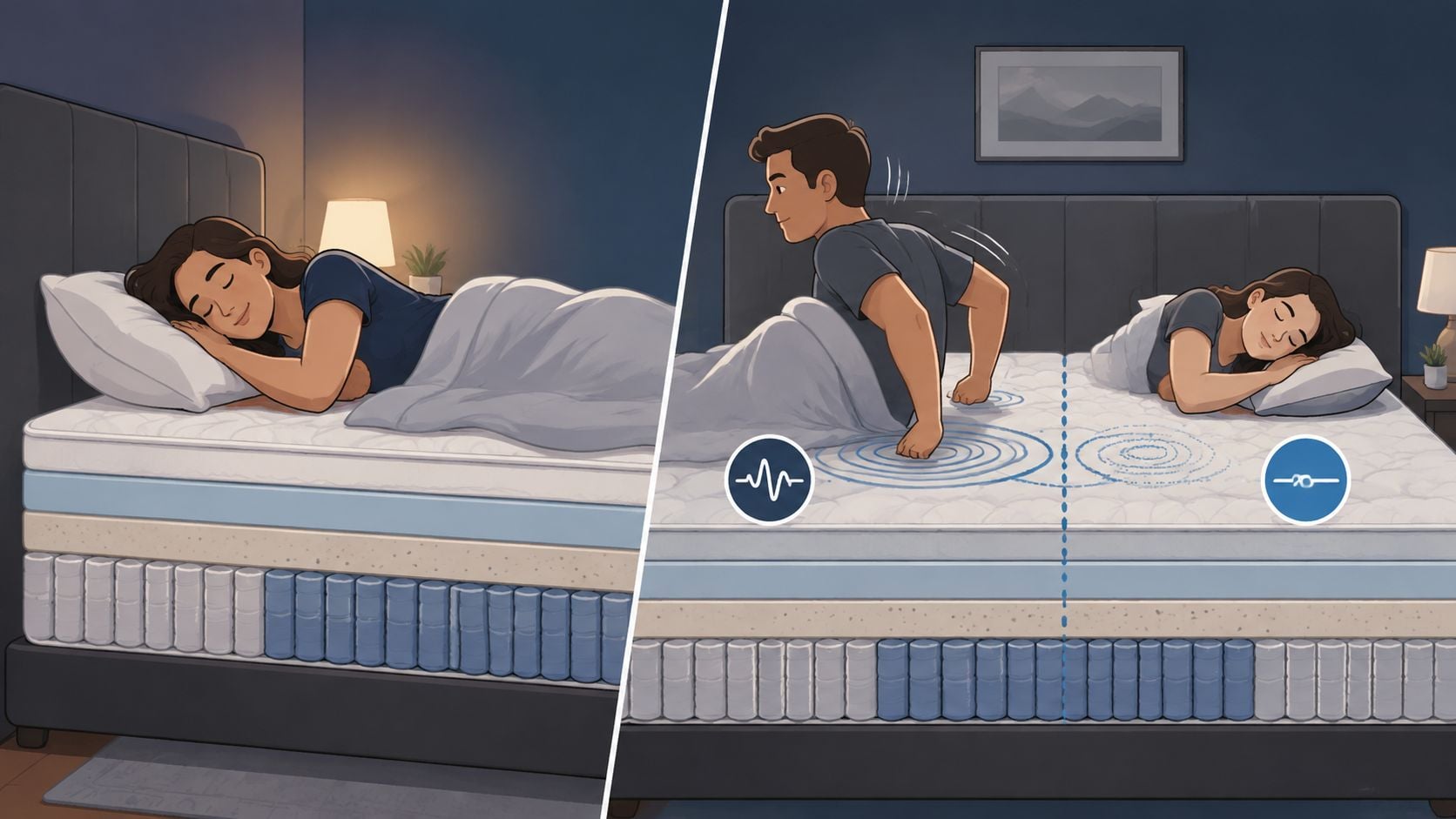 A split illustration demonstrating motion isolation in a hybrid mattress as a person moves beside a sleeping partner.
