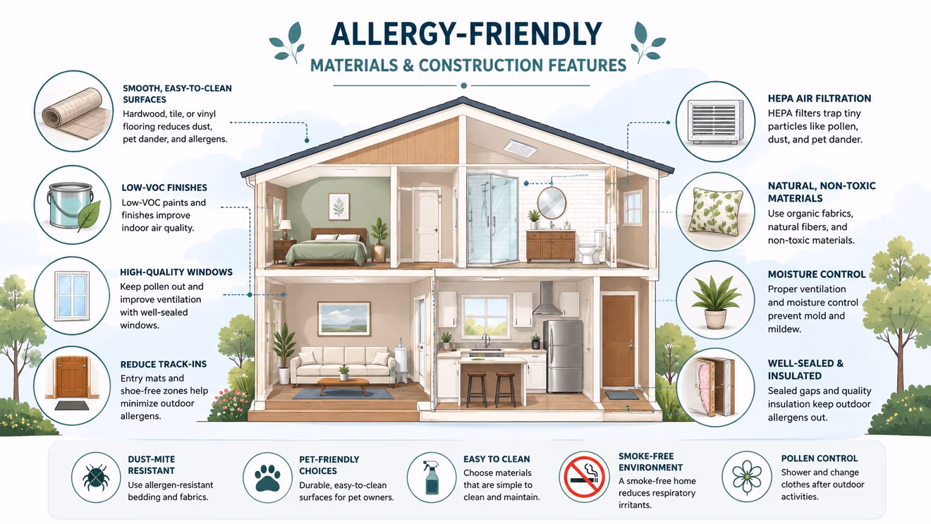 An infographic illustrating various allergy-friendly home construction features and materials for creating a healthier indoor environment.