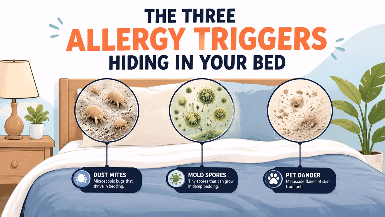 An infographic showing three common household allergy triggers including dust mites, mold spores, and pet dander.