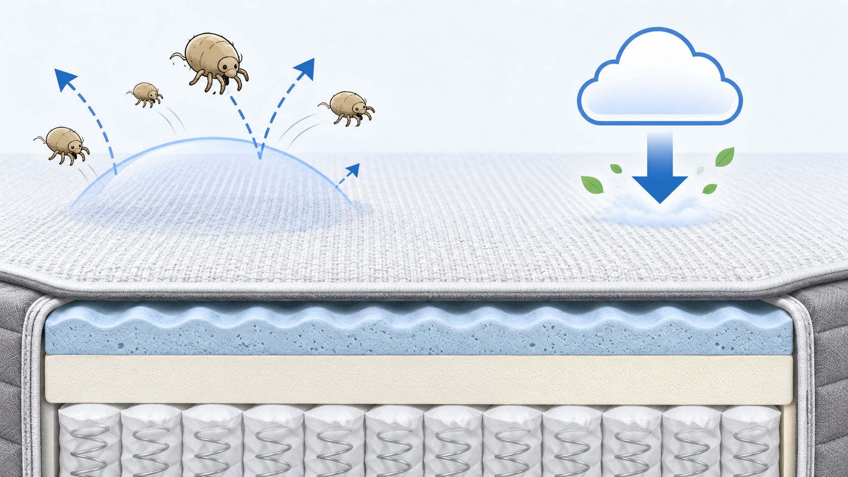 A cross-section of a mattress showing layers of foam and springs with mite-repelling and ventilation technology.