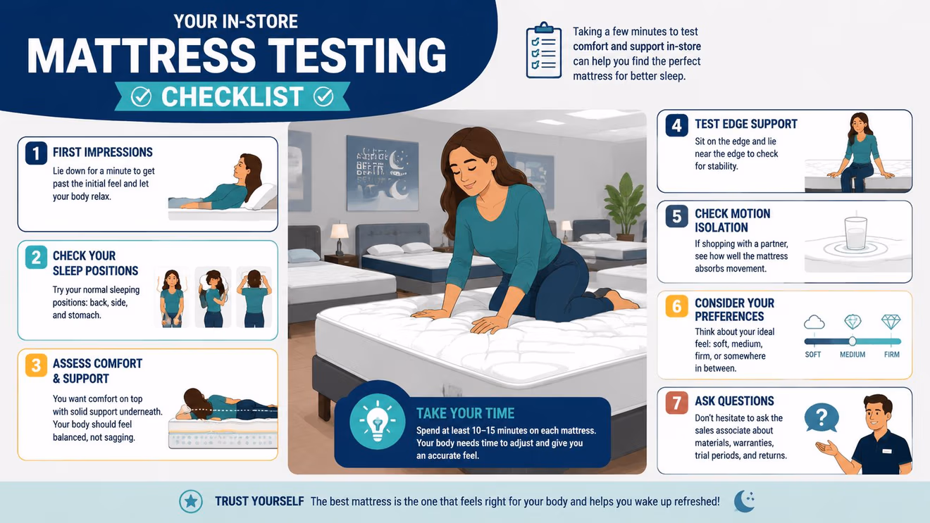 An infographic titled Mattress Testing Checklist, illustrating seven essential steps for testing a mattress in a store.