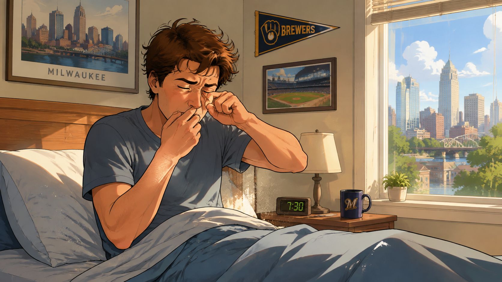 A tired young man waking up in bed and rubbing his eyes on a sunny morning.