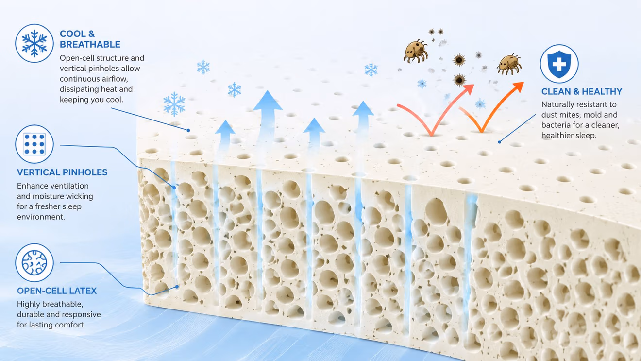 A cross-section illustration showing the open-cell structure and ventilation pinholes of a cooling latex mattress material.