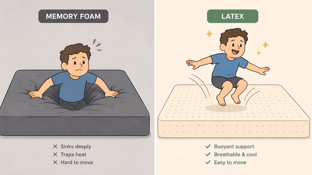 A comparison illustration showing a child sinking into a memory foam mattress versus bouncing on a latex mattress.