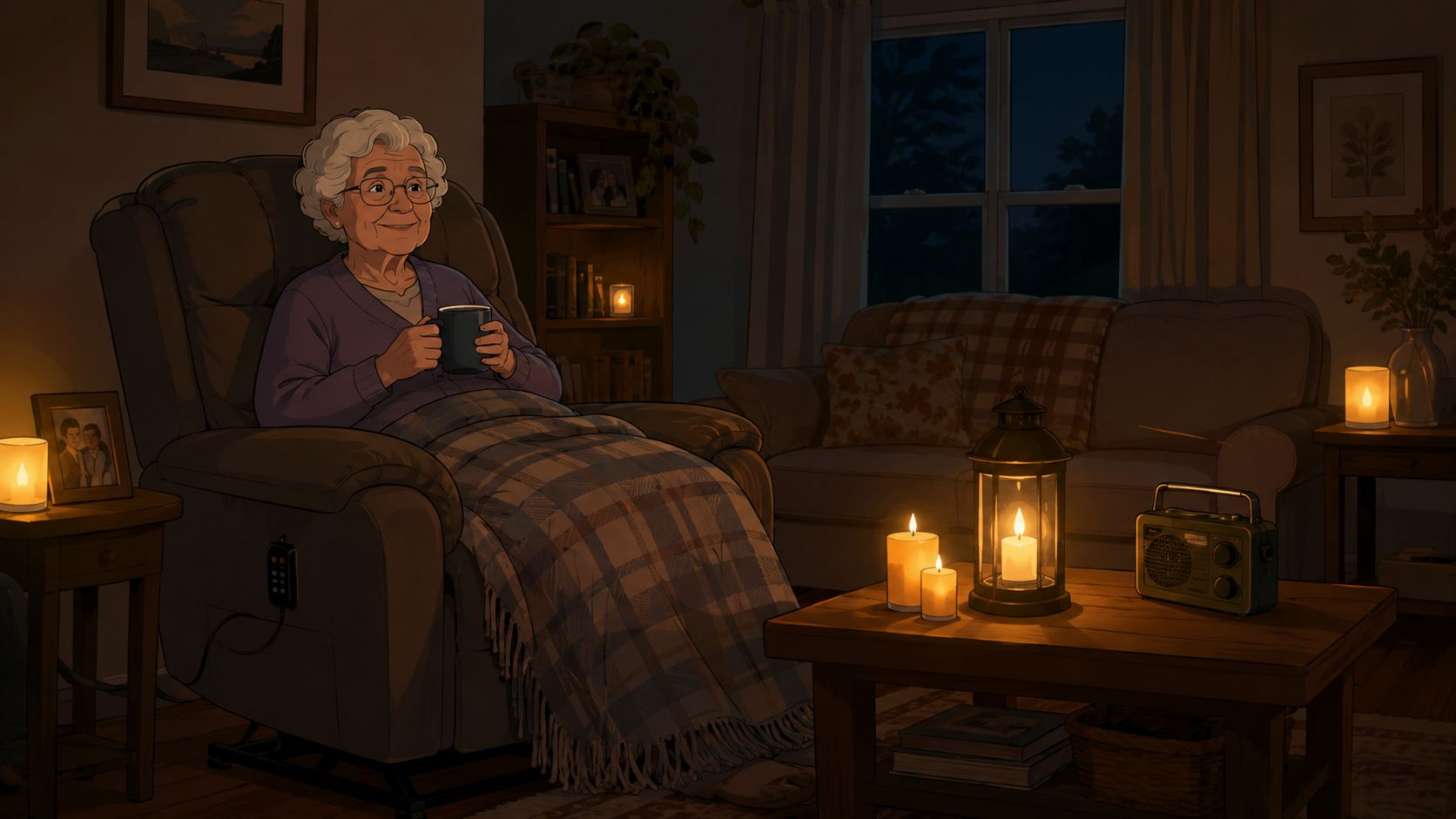 An elderly woman sits comfortably in a brown power lift chair while holding a mug in her living room.