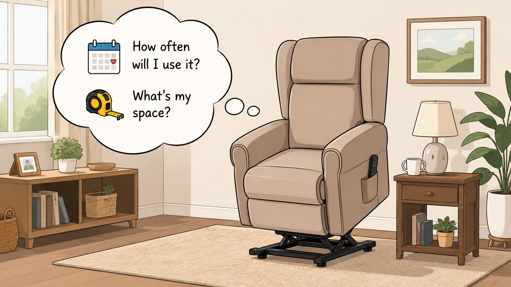 A digital illustration showing a lift chair in a living room with thought bubbles about usage and space.