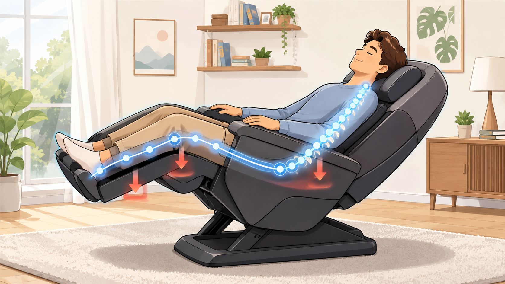A man relaxing in a modern black zero gravity massage chair in a comfortable, sunlit living room.