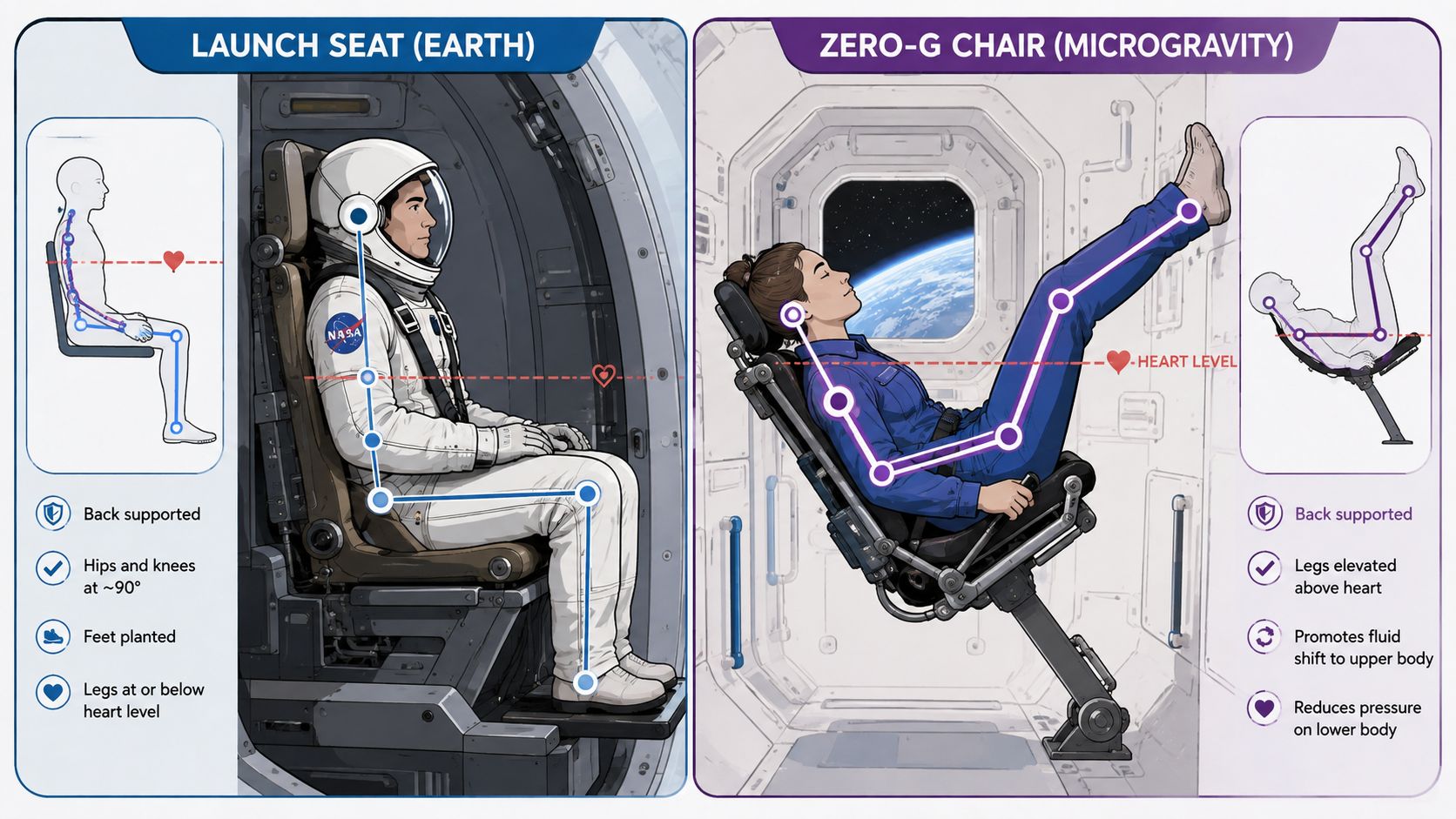 Comparison diagram showing proper posture for an astronaut in a launch seat versus a zero-gravity chair.