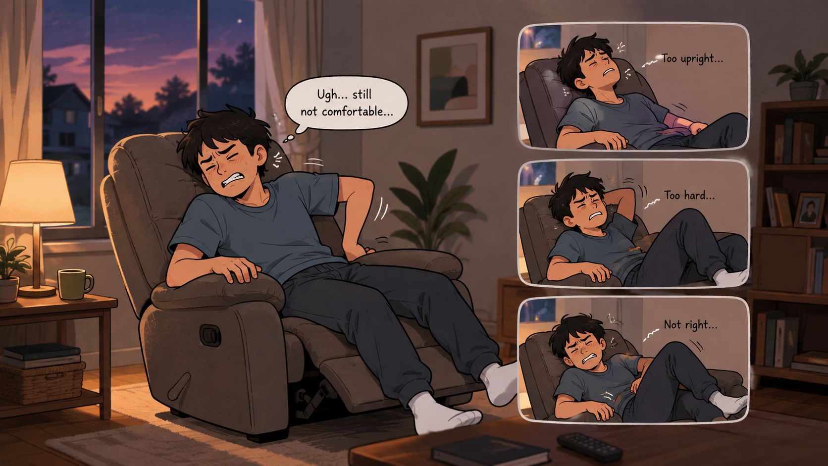 A person struggling to get comfortable while sitting and reclining in an uncomfortable living room chair.