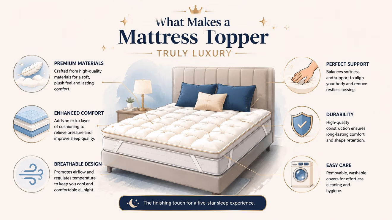 An infographic illustrating the luxurious features of a high-quality mattress topper on a neatly made bed.