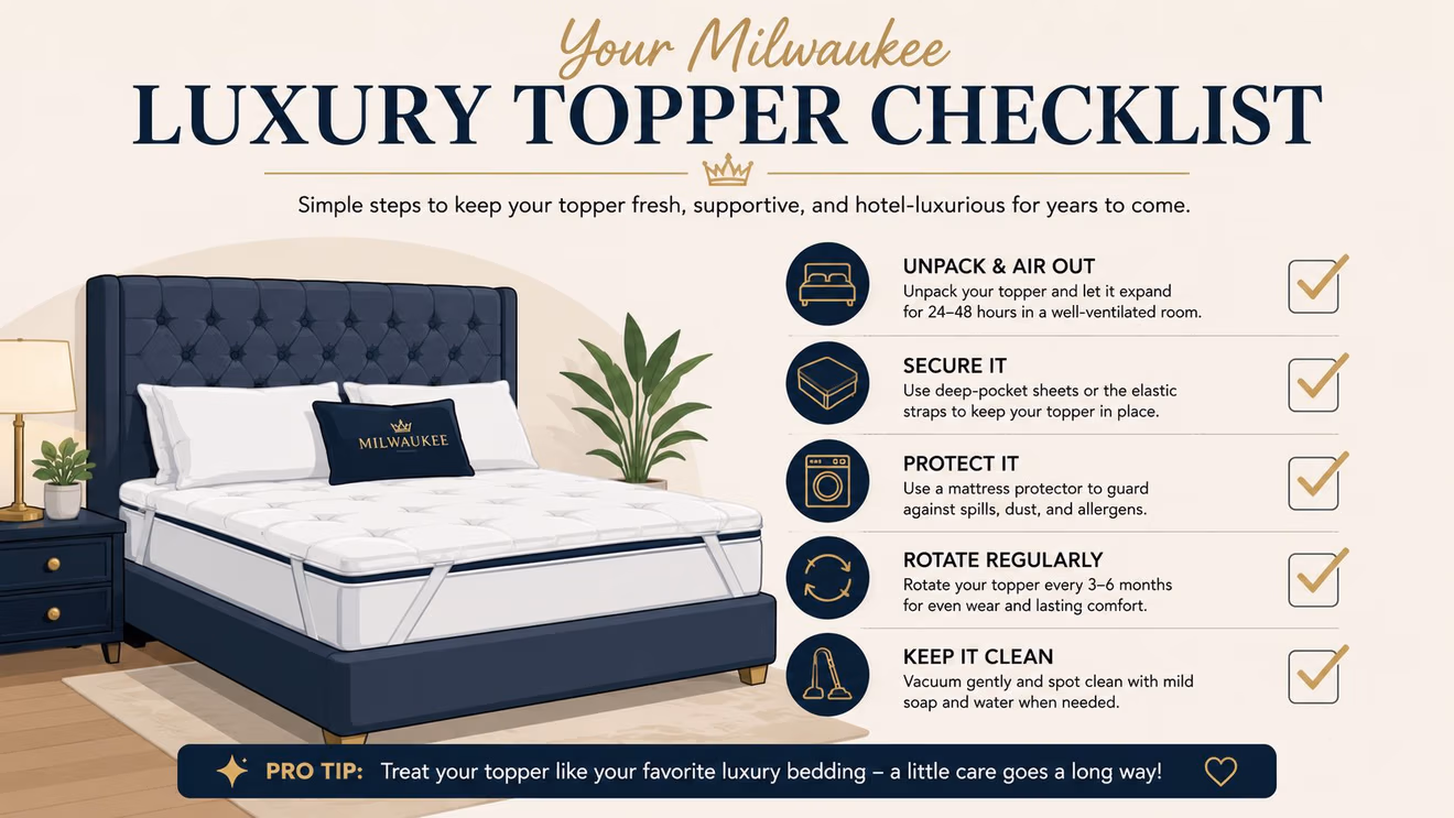 An infographic checklist for maintaining a Milwaukee luxury mattress topper, including steps for unpacking, securing, and cleaning.