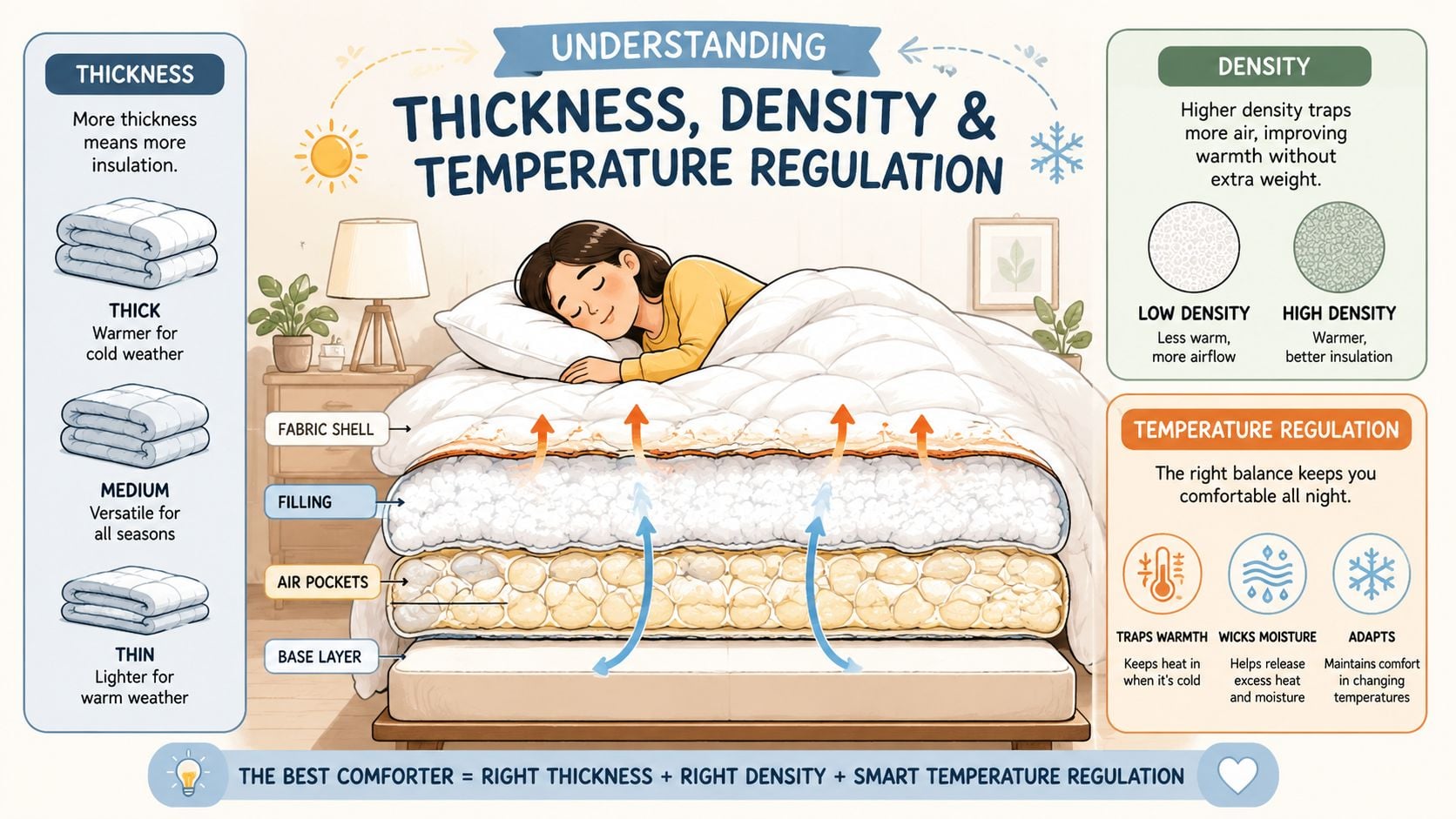 A descriptive infographic explaining how comforter thickness, density, and temperature regulation work together for better sleep.