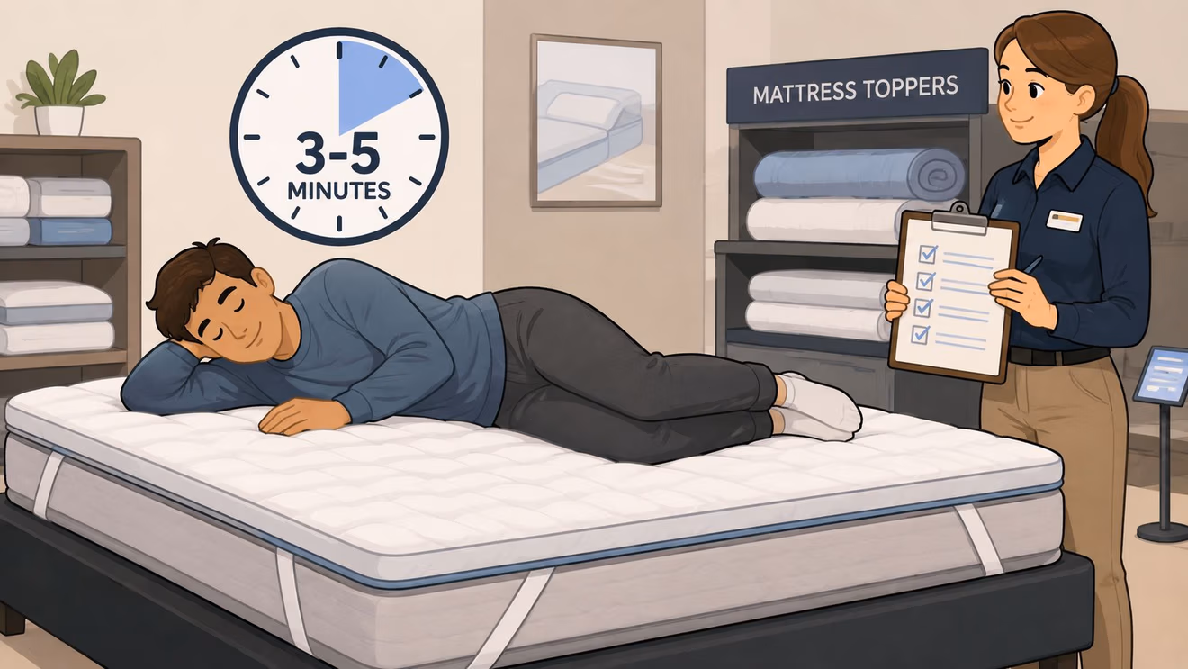 A customer testing a comfortable luxury mattress topper while a store associate takes notes on a clipboard.