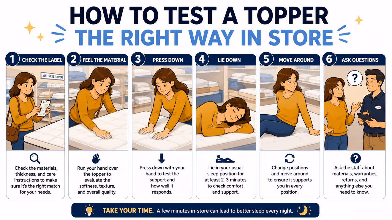 A six-step guide illustrated with a woman demonstrating how to properly test a mattress topper in-store.