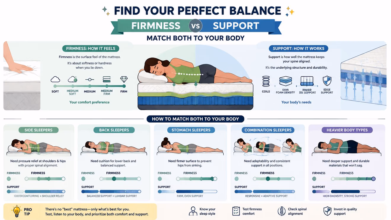 An infographic illustrating how to choose the right mattress based on sleep position and body type.